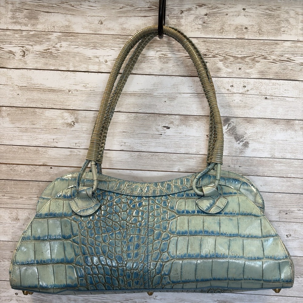 Preston & York Handbag Purse Turquoise Croc Embossed Cowhide Braided Handle Y2K